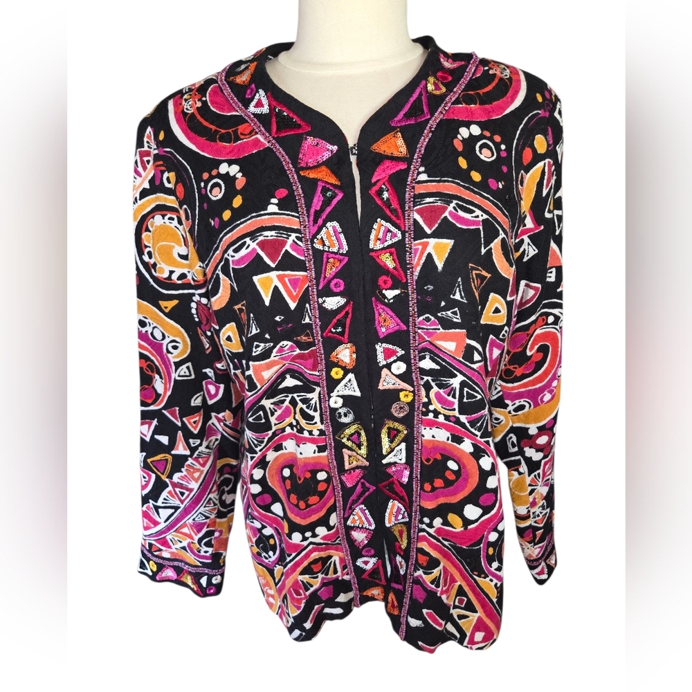 Chicos NWT Contrasting Geo Calandra Jacket Vibrant Multicolor Patterned